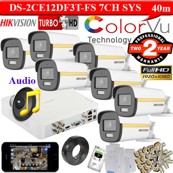 Hikvision 2MP colorvu 40 meter Gold 7 camera package DS-2CE12DF3T-F 1 Hikvision 2MP colorvu 40 meter Gold 7 camera package with audio DS-2CE12DF3T-F