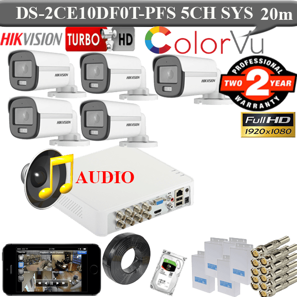 Hikvision 2mp colourvu voice 5 camera 5MP dvr 1TB HDD KIT 1 Hikvision 2mp colourvu voice 5 camera package DS-2CE10DF0T-PFS